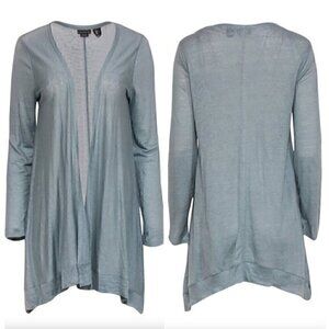TAHARI Solid Blue Asymmetrical Open Front 100% Linen Boho Long Cardigan Sweater
